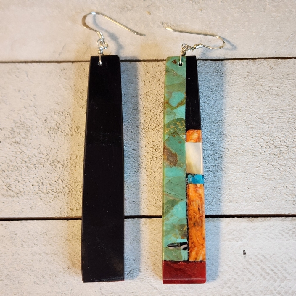 Native American Multi Stone Inlay Drop Earrings - Picture 6 of 15
